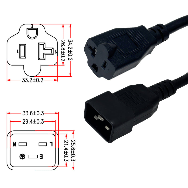 1ft NEMA 5-15/20R to IEC C20 Power Cable - 14AWG - SJT (15A 125V)
