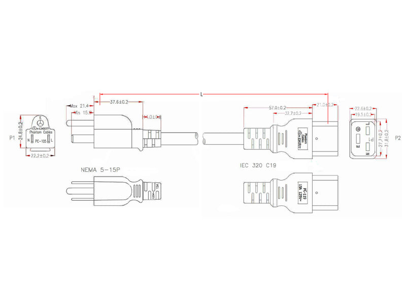 NEMA 5-15P to IEC C19 Power Cable - SJT