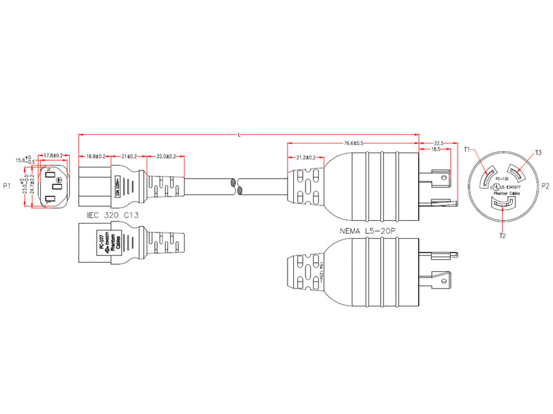 NEMA L5-20P to IEC C13 Power Cable - SJT
