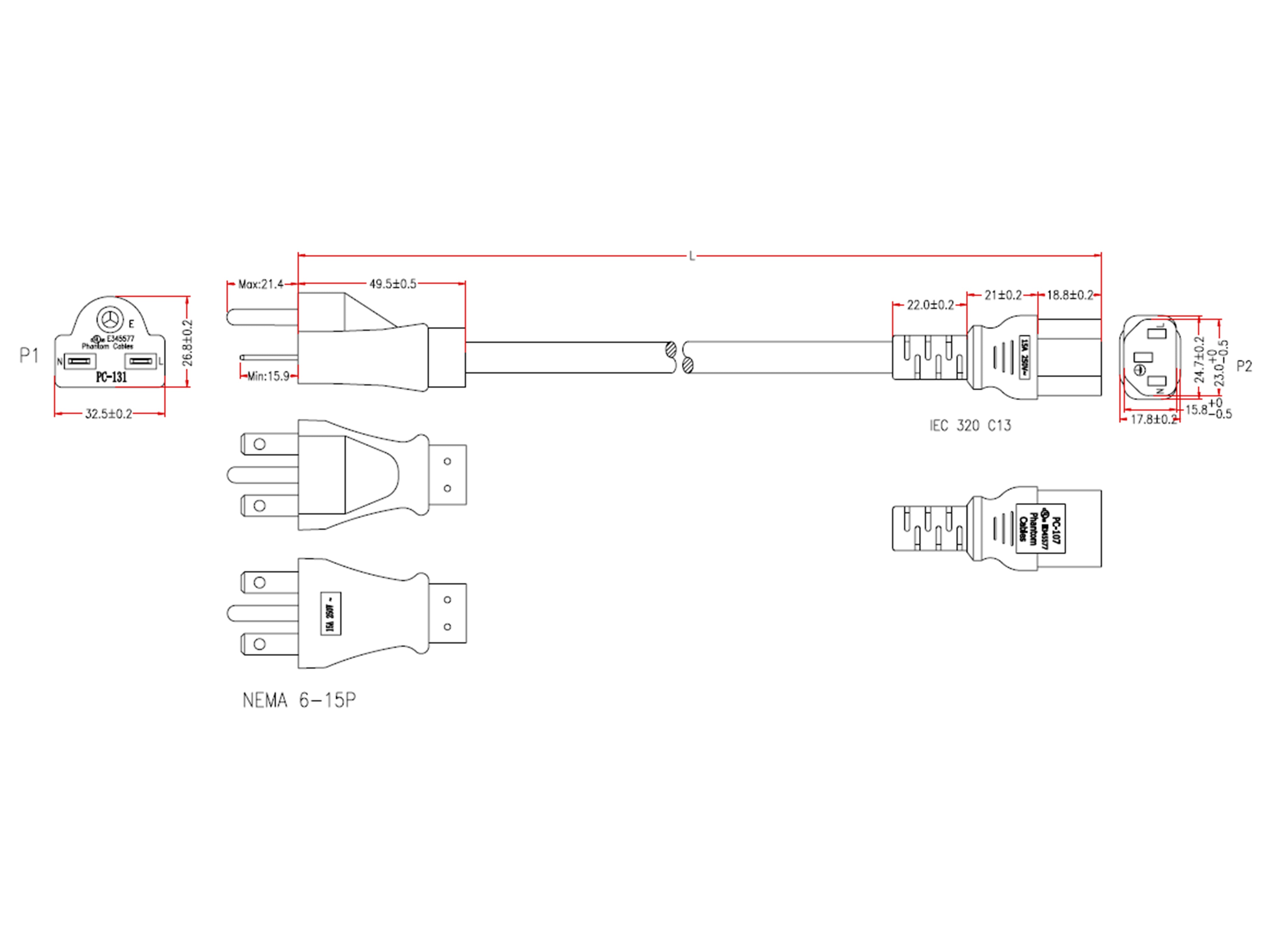 NEMA 6-15P to IEC C13 Power Cable - SJT Jacket