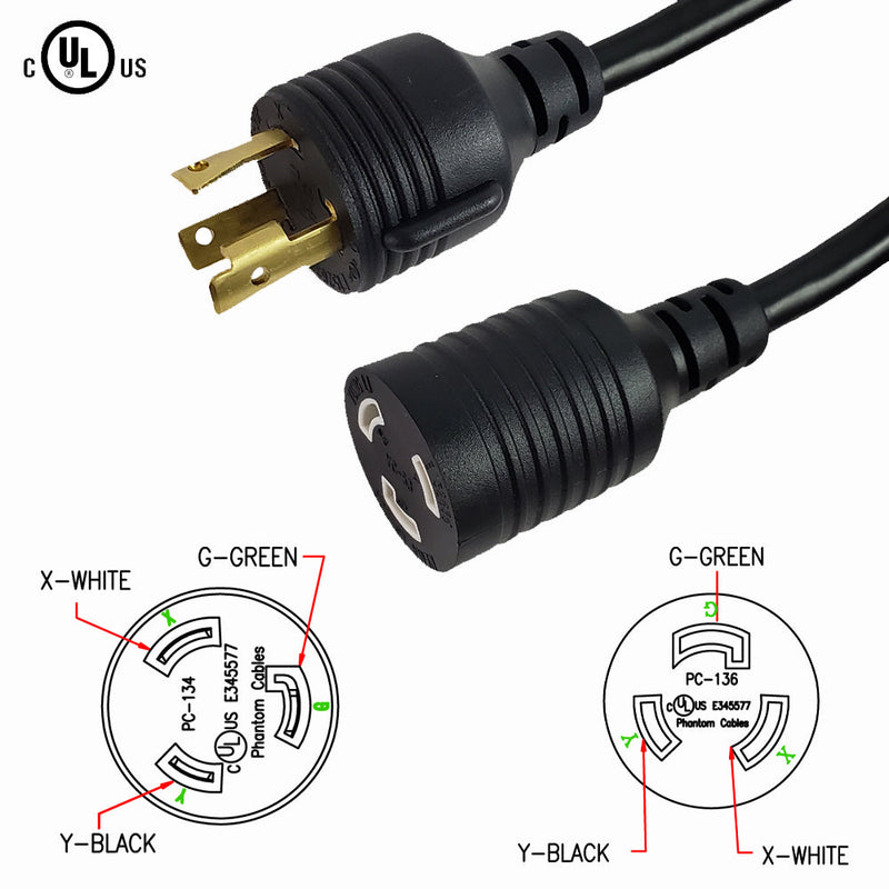 1ft NEMA L6-30P to NEMA L6-20R Power Cable - 12AWG - SJT Jacket (250V 20A)