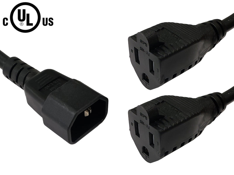 1ft IEC C14 to 2x NEMA 5-15R Power Splitter Cable - 16AWG (13A 125V) - SJT