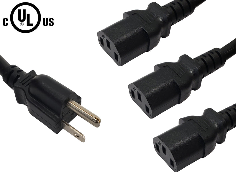 NEMA 5-15P to 3x IEC C13 Power Splitter Cable - 16AWG (13A 125V) - SJT