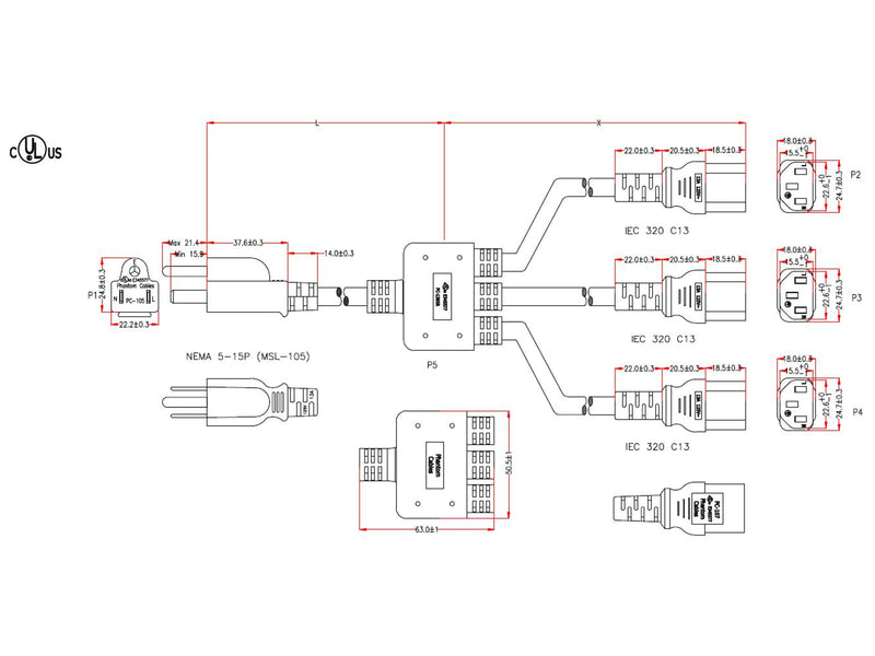 NEMA 5-15P to 3x IEC C13 Power Splitter Cable - 16AWG (13A 125V) - SJT