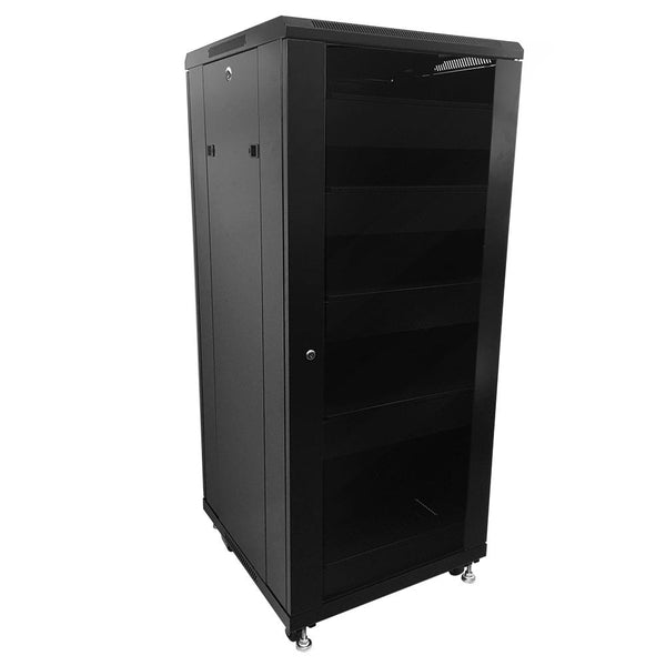 27U A/V and Networking Cabinet Pre-Loaded with Fan Top, 5 Shelves & Blank Panels Tapped Rails - Black