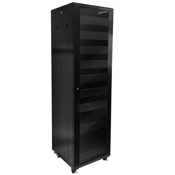 42U A/V and Networking Cabinet Pre-Loaded with Fan Top, 9 Shelves & Blank Panels Tapped Rails - Black