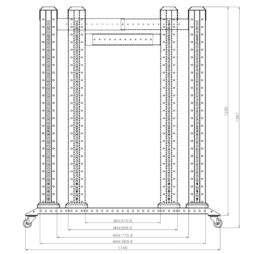 Four Post Relay Rack - 19 inch 26U, Square hole, Depth 24-36 inch