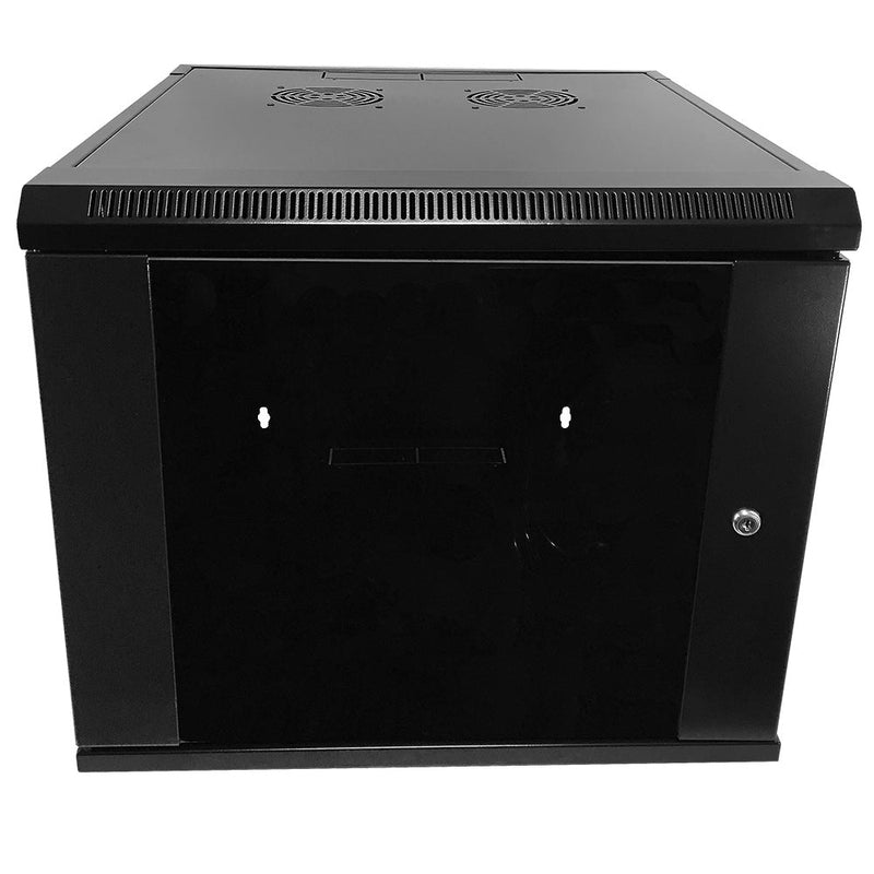 Wall Mount Cabinet 9U x 19.5 inch Usable Depth, Glass Door - Black