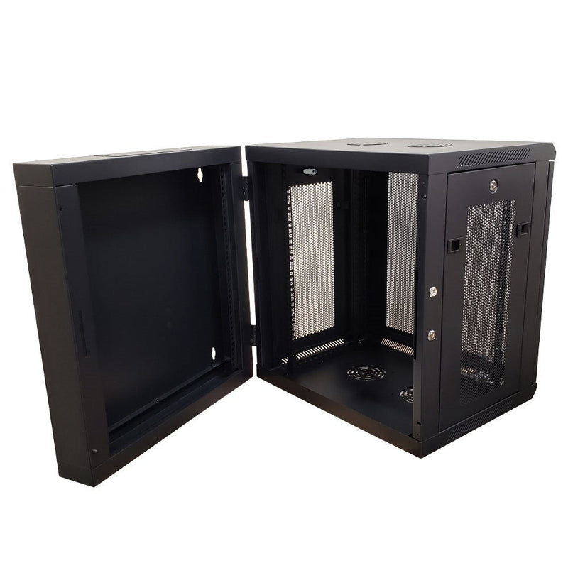 Wall Mount Swing Cabinet 12U x 18.5" Usable Depth - Perforated Doors - Black