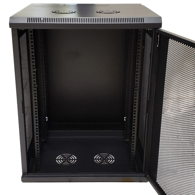 Wall Mount Swing Cabinet 15U x 18.5" Usable Depth - Perforated Doors - Black