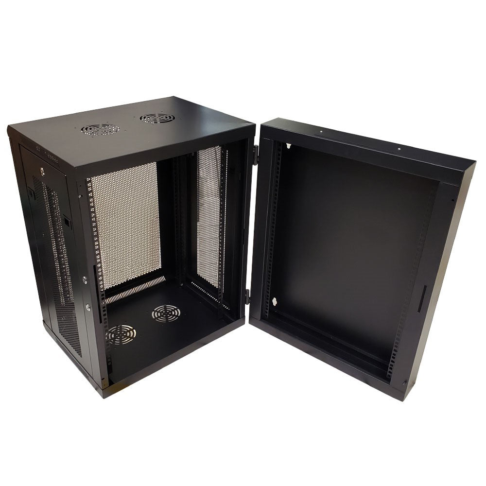 Wall Mount Swing Cabinet 15U x 18.5" Usable Depth - Perforated Doors - Black