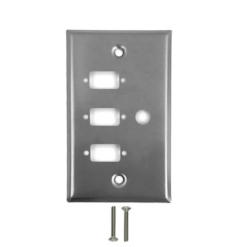 3-Port DB9 size cutout + 1 x 3/8 inch hole Stainless Steel Wall Plate