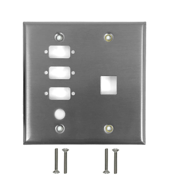 Double Gang, 3-Port DB9 size cutout , 3/8 inch hole, 1 x Keystone Stainless Steel Wall Plate