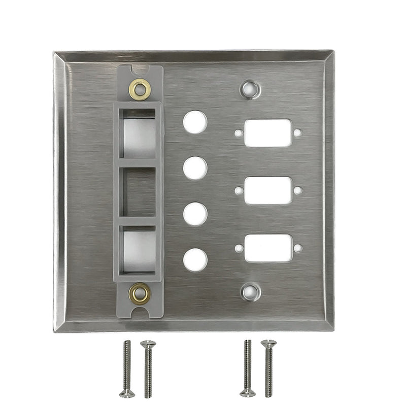 Double Gang, 3-Port DB9 size cutout , 4 3/8 inch hole, 2 x Keystone Stainless Steel Wall Plate