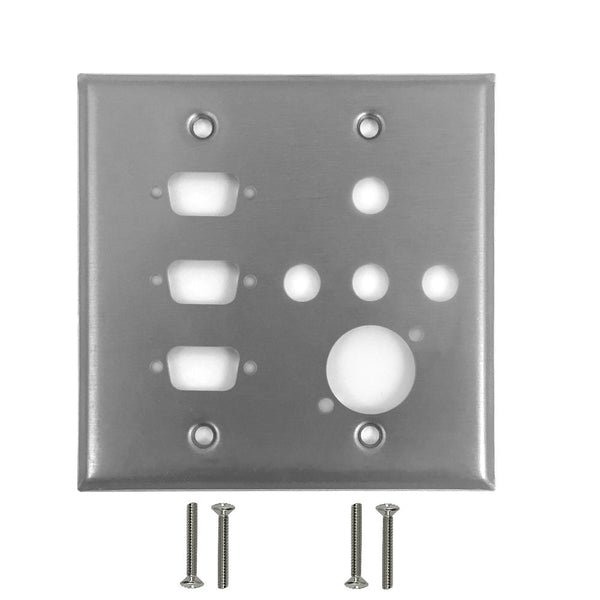 Double Gang, 3-Port DB9 size cutout , 4 3/8 inch hole, 1 x XLR Stainless Steel Wall Plate