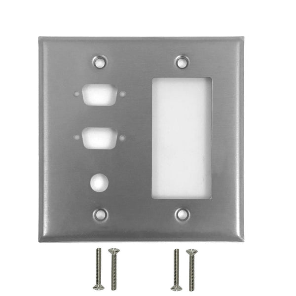 Double Gang, 2-Port DB9 size cutout , 3/8 inch hole, 1 x Decora Stainless Steel Wall Plate