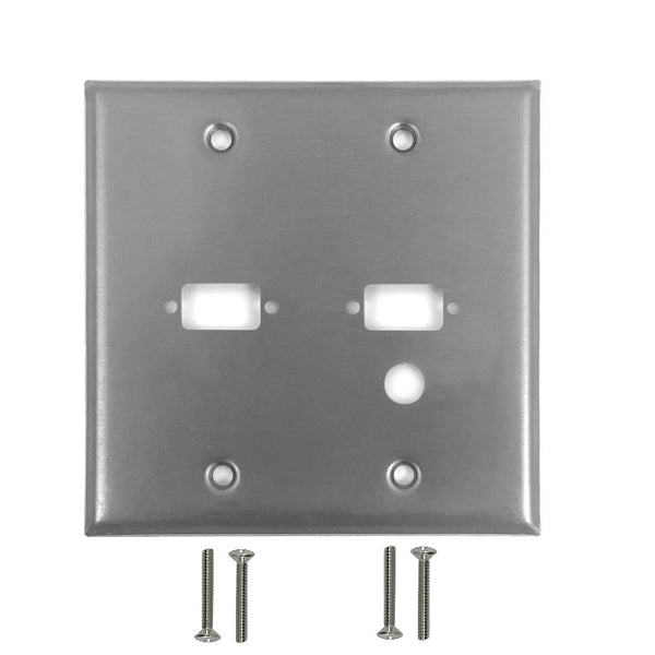 Double Gang, 2-Port DB9 size cutout , 1 x 3/8 inch hole Stainless Steel Wall Plate
