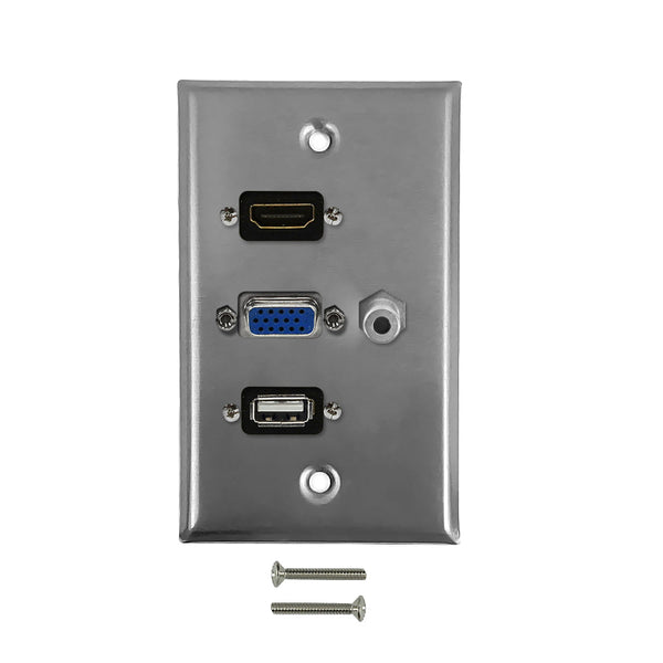 VGA, 3.5mm, HDMI, USB Single Gang Wall Plate Kit - Stainless Steel