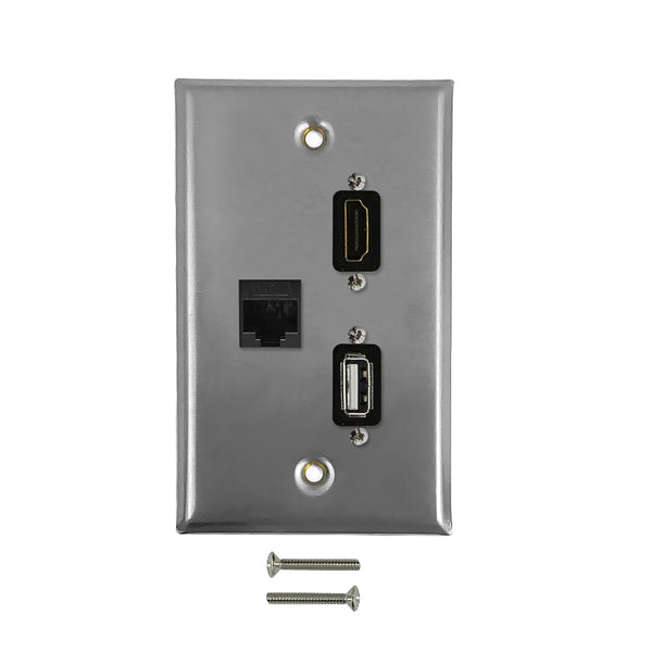 Single Gang SS Wall Plate Kit HDMI, USB, 1x CAT6