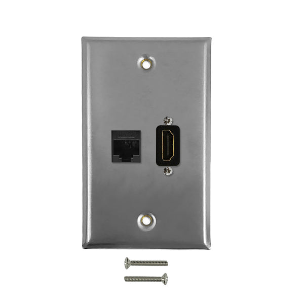 Single Gang SS Wall Plate Kit HDMI, 1x CAT6