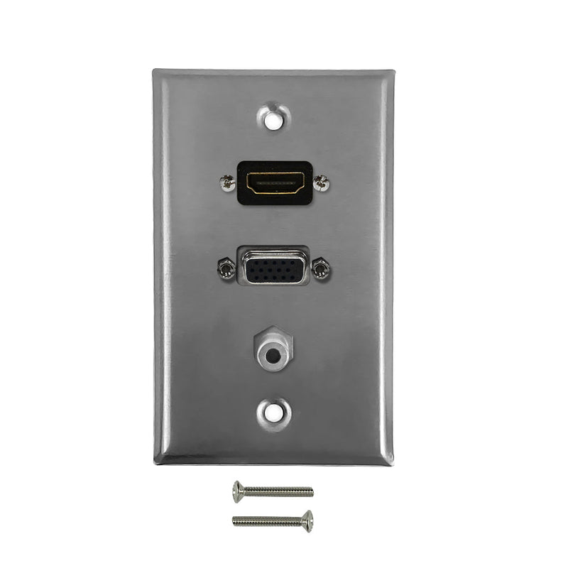 VGA, HDMI, 3.5mm Single Gang Wall Plate Kit - Stainless Steel